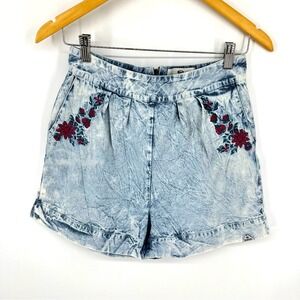 Bellfield Denim Shorts Women 10 Small Blue Acid Wash Floral Embroidered Pleated